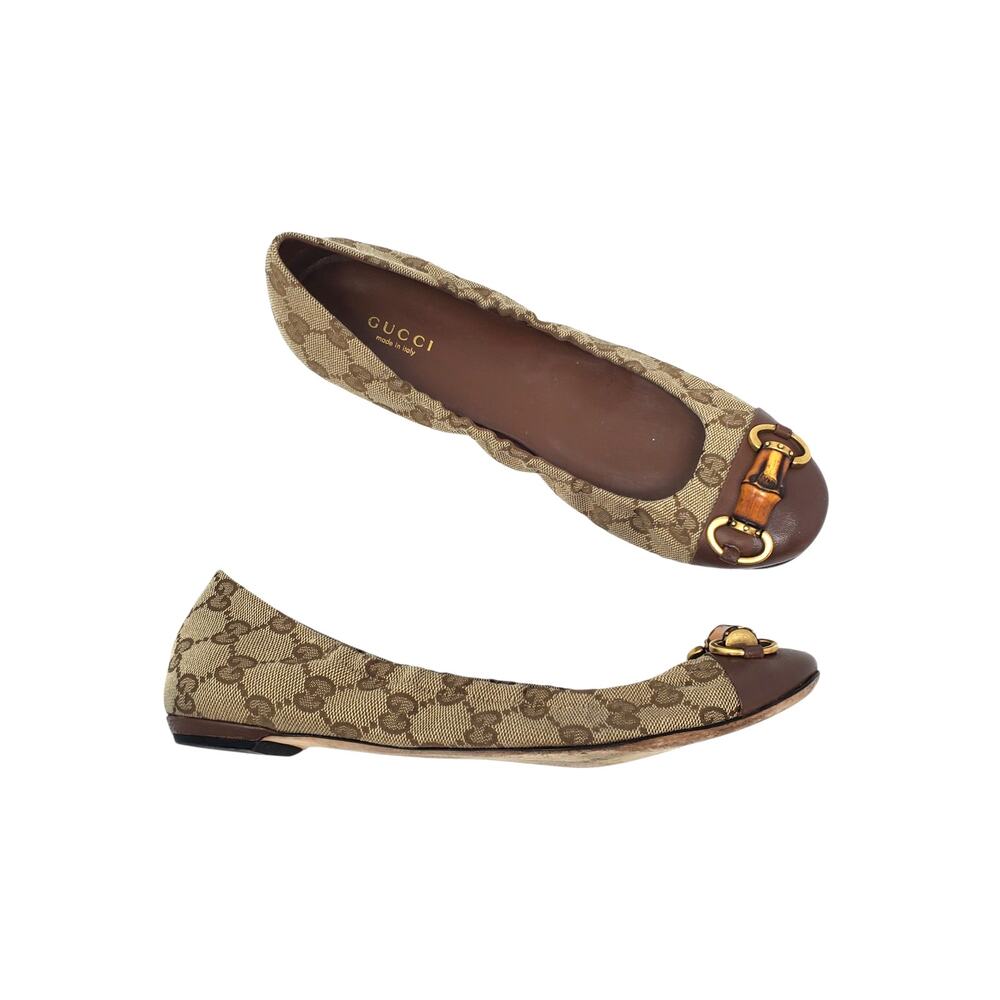 Vintage Gucci Bamboo Horsebit Ballet Flats GG Canvas Nappa Charlotte 39 US 9